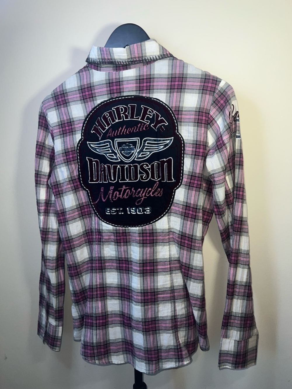 Harley-Davidson Pink Plaid Western Shirt‎ Pearl Snap Back Patch S
